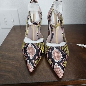 DELTAN Shoes Strap Leather Sole Snake Print Yellow Pink And Black